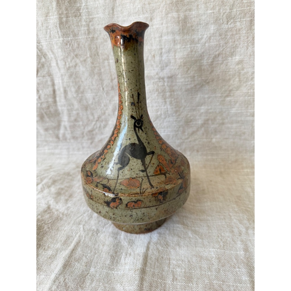 Vintage Studio Pottery Vase Deer Motif Rustic Handmade Decor